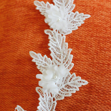 White Embroidered Flower With Leaves Lace Crochet Trim With Pearls, Approx. 11cm Wide